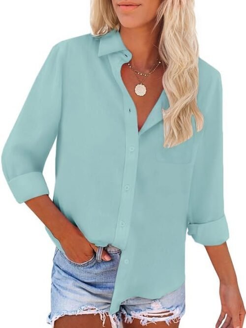 Womens Button Down Shirts Long Sleeve Wrinkle Free Work Office Button Up Dress Shirt with Pocket