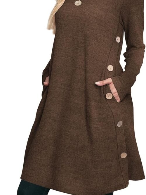 Long Sleeve Dress for Women Crew Neck Tunic Dress with Pockets Buttons Side