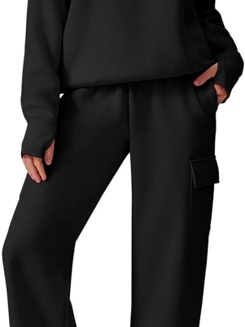 2 Piece Sets for Women  Fleece Sweatsuits  Sweatshirts Wide Leg Cargo Sweatpants with Pockets Thumbhole
