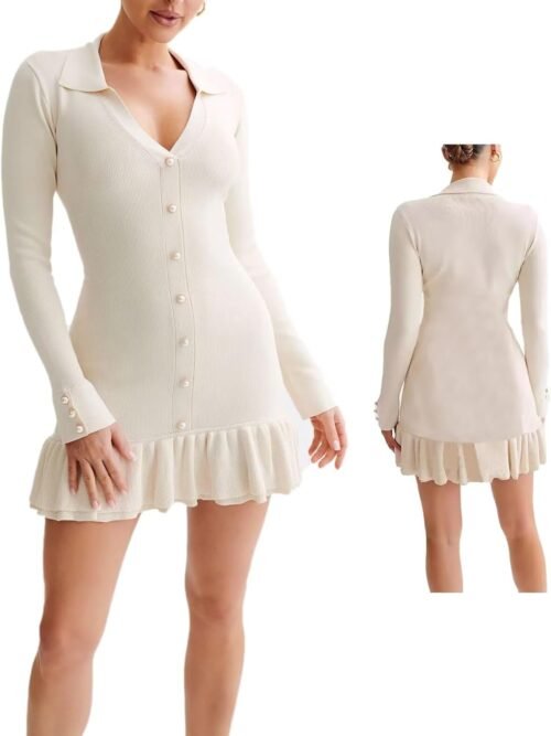 Women's Long Sleeve Ruffle Hem Knit Sweater Dress Collared Back Tie Knot Cut Out Mini Bodycon Dress