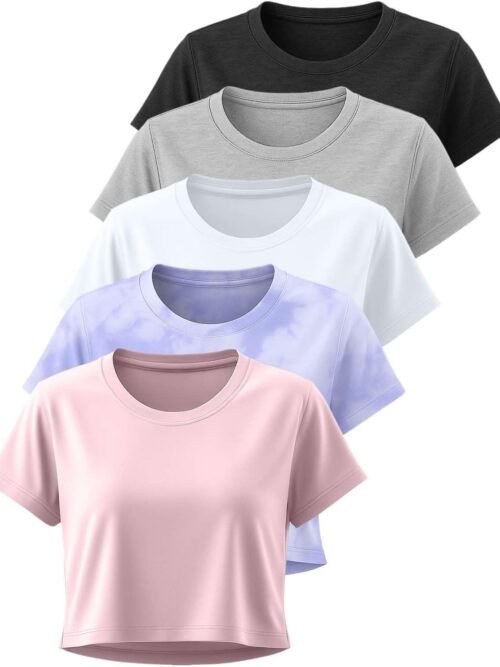 5 Pack: Women's Dry Fit Crop Top - Short Sleeve Crew Neck Stretch Athletic Tee (Available in Plus Size)