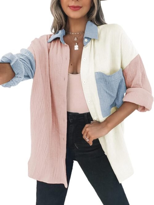 Womens Color Block Button Down Shirts Long Sleeve Oversized Boyfriend Blouses Tops