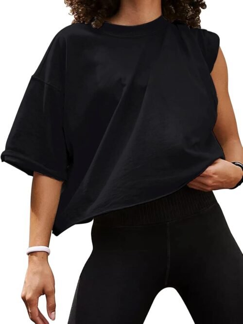 Women's Oversize Workout Crop Tops Casual Short Sleeve Drop Shoulder Boxy T-Shirts Roll Hem Basic Loose Yoga Running Tees