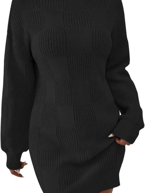 Women's Mock Neck Sweater Dress  Lantern Long Sleeve Loose Plaid Cocktail Party Knit Mini Dress Outfits