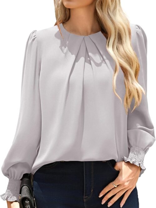 Womens Dressy Business Casual Tops, Pleated Long Sleeve Shirts, Office Work Blouses