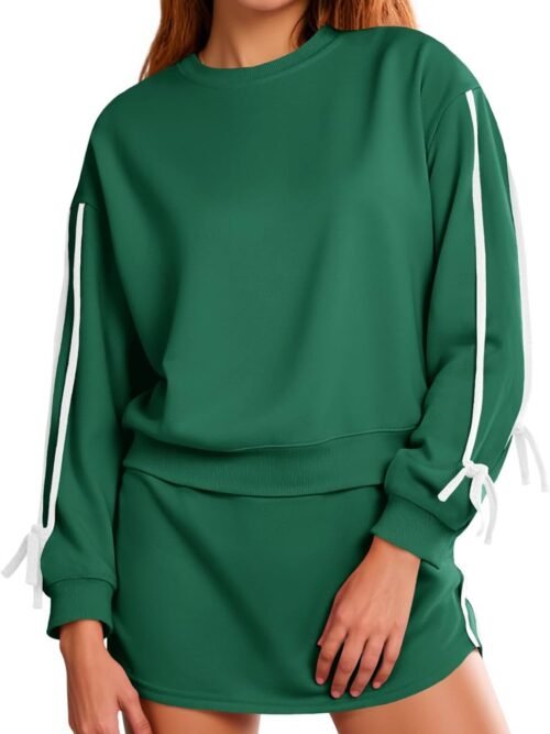 Womens 2 Piece Outfits Casual Crewneck Tie Sweatshirt High Waisted Running Skort Skirts Workout Tracksuit Sets