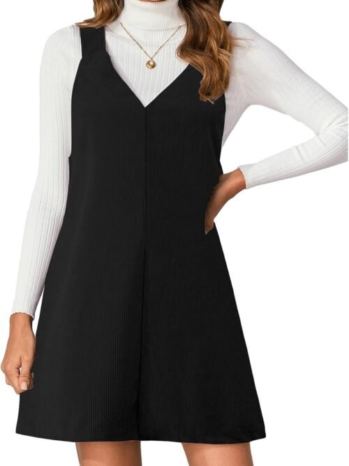 Women V Neck Corduroy Overall Dress  Fall Mini Pinafore Jumper Dress