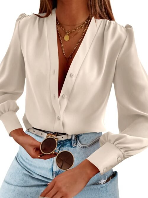 Women's Business Casual Tops Summer Long Sleeve Button Down Shirts V Neck Chiffon Blouses