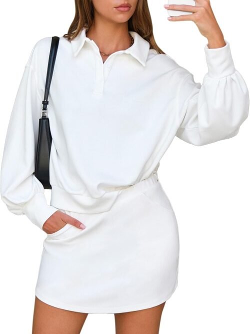 Women Two Piece Sets  Casual Polo Sweatshirt Skorts Matching Set Short Tennis Skirt Fall Workout Tracksuit Outfits