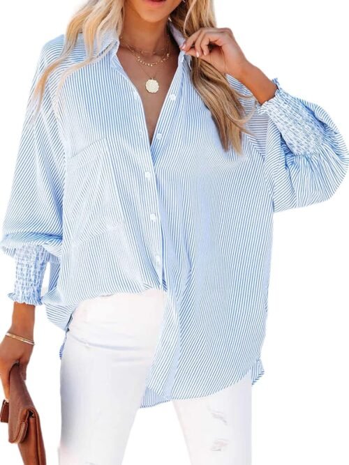 Womens Smocked Cuffed Striped Boyfriend Shirt Casual Collar Long Sleeve Oversized Button Down Blouse Tops with Pocket Shirred