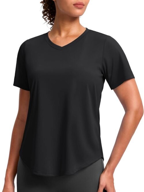 Womens Workout Tops V-Neck Short Sleeve UPF 50+ Sun Shirt Moisture Wicking Quick Dry Top for Gym, Running, Athletic