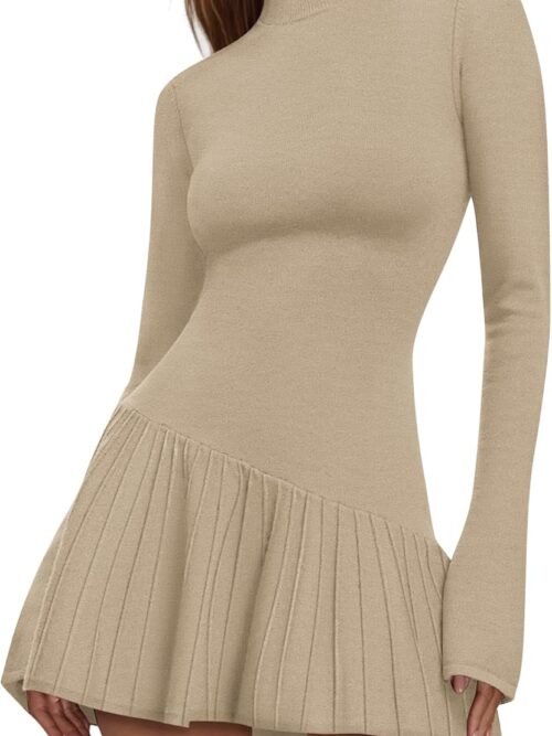 Women's Sweater Dress Crochet Ribbed Knit Ruffle Hem Flared Long Sleeve Mock Neck Mini Dress