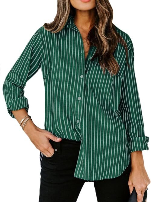 Womens Button Down Shirts Cotton Striped Dress Shirt Long Sleeve Collared Office Work Blouses Tops