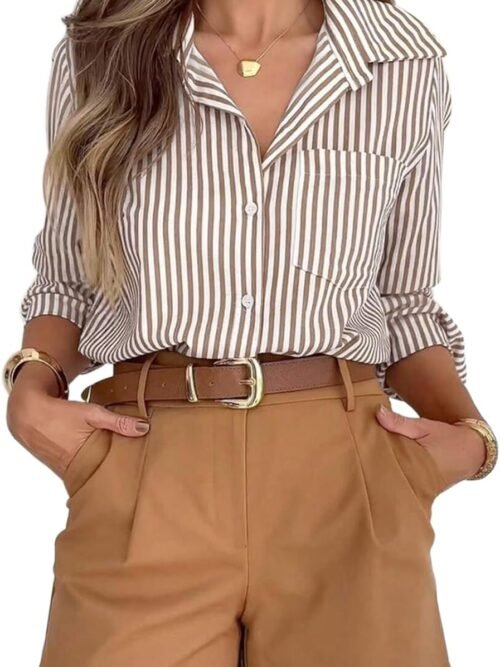 Striped Button Down Shirts for Women Dress Shirts Long Sleeve Casual Collared Office Work Shirt with Pocket
