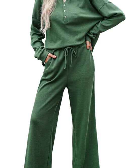 Women's 2 Piece Outfits Casual Long Sleeve Button Down Knit Pullover Tops And Wide Leg Pants Lounge Sets with Pockets