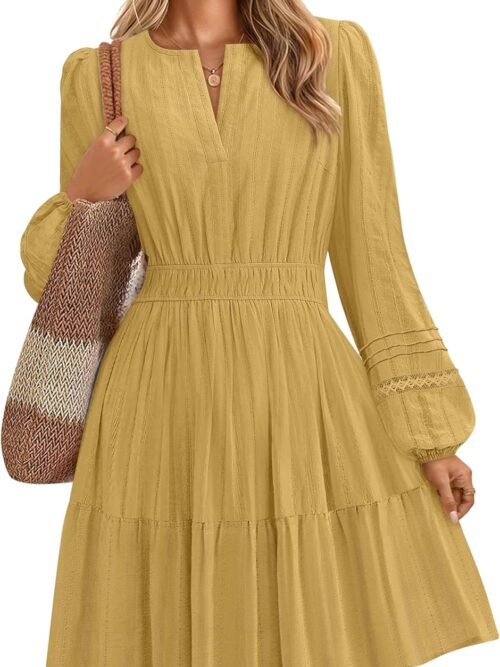 Long Sleeve V Neck Mini Dresses for Women  Fall High Waist Ruffle Pleated A Line Cocktail Party Short Dress