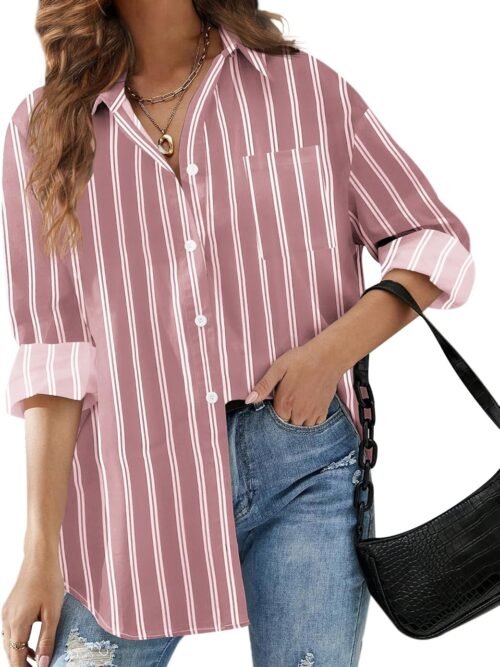 Women Button Down Striped Shirts Drop Shoulder Blouse Long Sleeve Oversized Shirt with Pocket