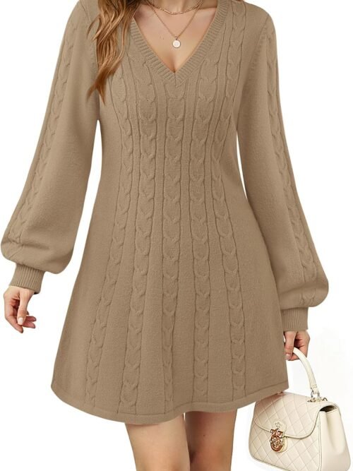 Womens V Neck Long Sleeve Cable Knit Fall Dresses Elegant Babydoll Sweater Dress