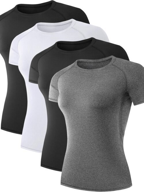 4 Pack Women's Compression Shirt Running Athletic T-Shirts Workout Tops Baselayer Short Sleeve Yoga Gym Sports Gear