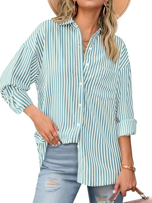 Womens Button Down Shirts Striped Shirt Long Sleeve Casual Collared Office Work Loose Fit Blouses Tops Pocket